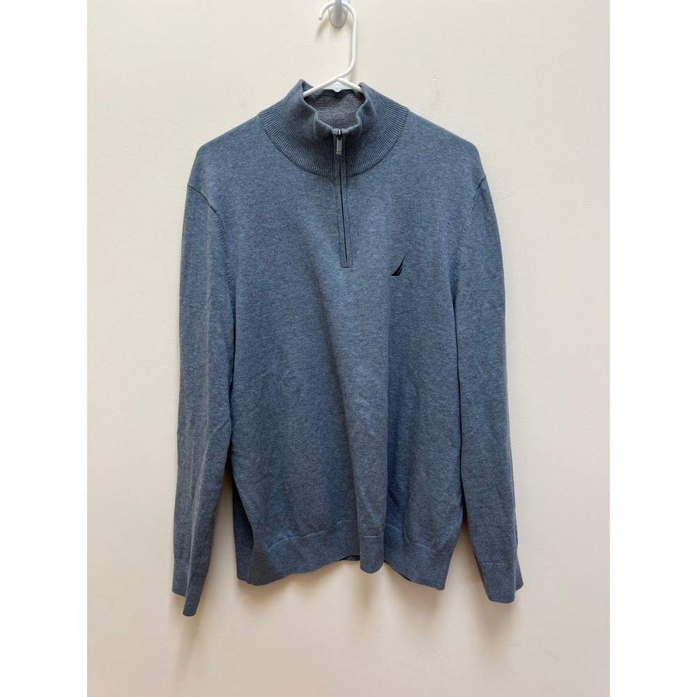 Nautica Sweater Mens L Blue Quarter Zip Pullover Cotton Mock Neck Logo Knit Soft